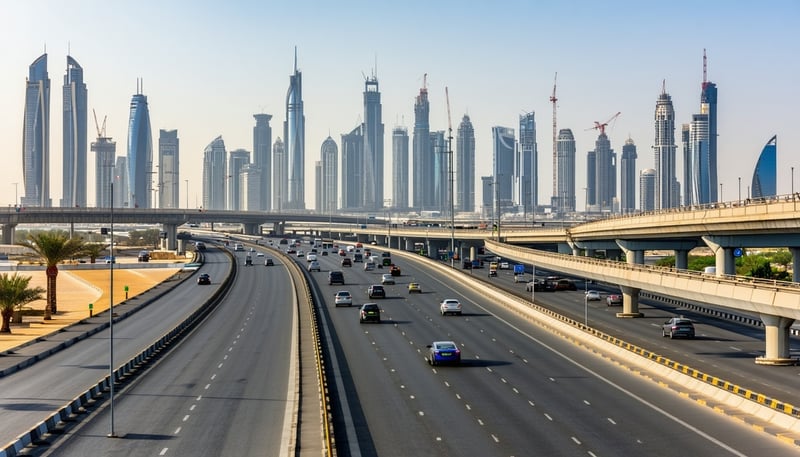 Dubai city skyline with prominent highways and toll gates